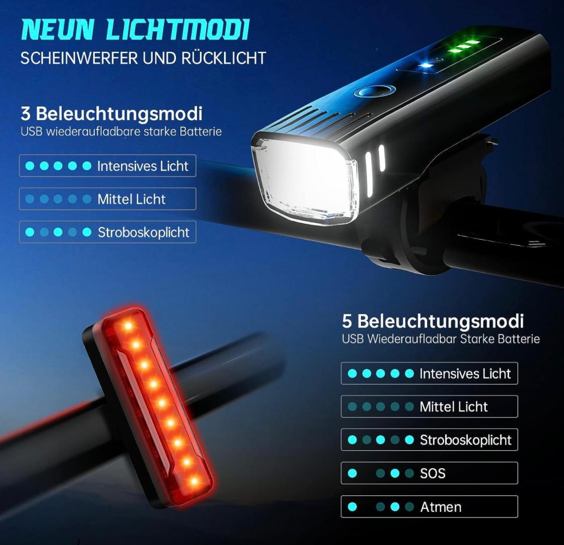 LED Fahrradlampe Fahrradlicht Set Radlicht Vorne Hinten Lampe USB AKKU aufladbar