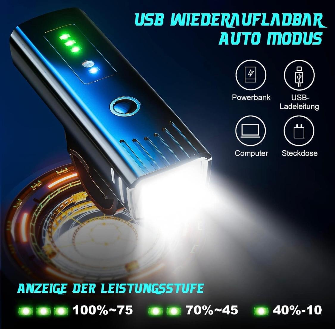 LED Fahrradlampe Fahrradlicht Set Radlicht Vorne Hinten Lampe USB AKKU aufladbar