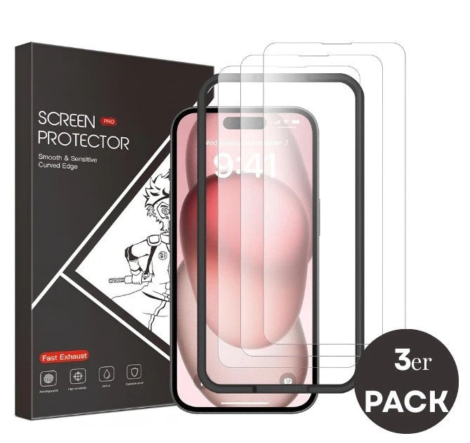 3x Panzerfolie für iPhone 15 14 13 12 Pro Max Echt Schutzglas mit Anbringhilfe